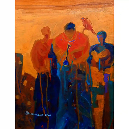 The Key acrylic painting by Osman Adam showing figure holding key with companions in warm golden and blue tones