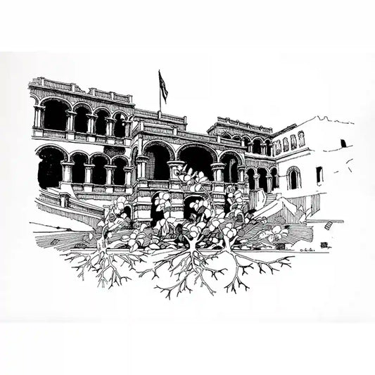 The People's Palace by Obada Gabir - original ink painting on paper showing presidential palace in Khartoum Sudan artwork