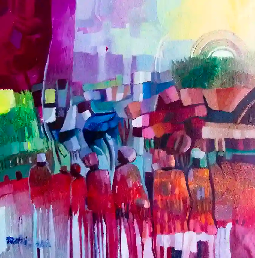 The Space Between Us abstract art print by Rafat Omar featuring vibrant Sudanese figures in dripping paint technique