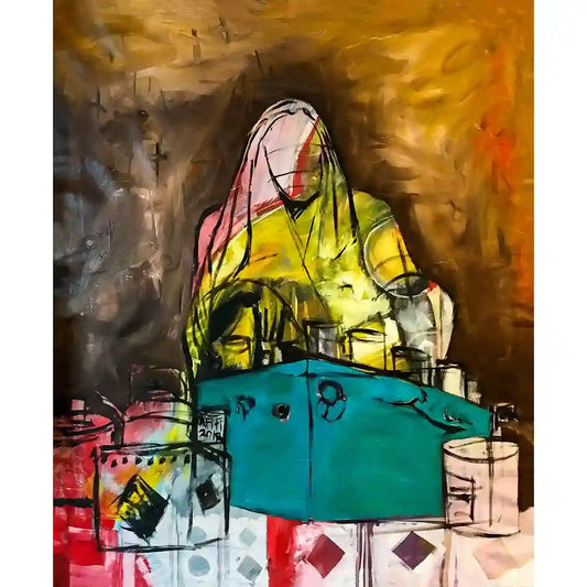 Vibrant painting of Sudanese tea lady in yellow dress serving tea, colorful expressionist art print by Abdelmageed Afifi