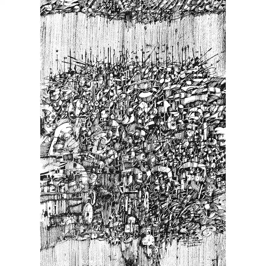 Black and white pen and ink drawing by Osman Gouma showing explosive cascade of intricate forms bursting from canvas