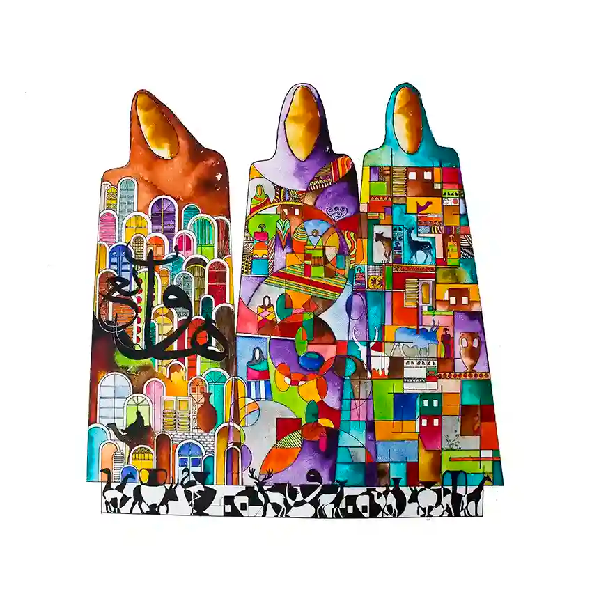 The Wise Ones by Gungalito - colorful abstract art print featuring three robed figures with geometric patterns and silhouettes