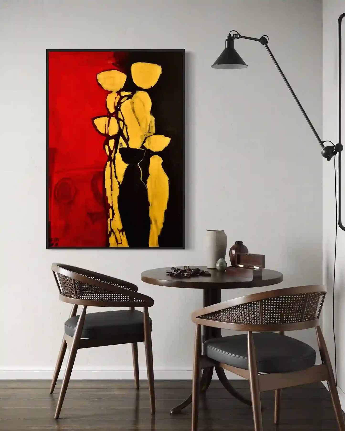 Threshold art print by Abdelmageed Afifi displayed in modern dining room with wooden table and cane back chairs