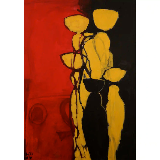 Abstract painting of golden silhouettes carrying vessels between red and black spaces, art print by Abdelmageed Afifi