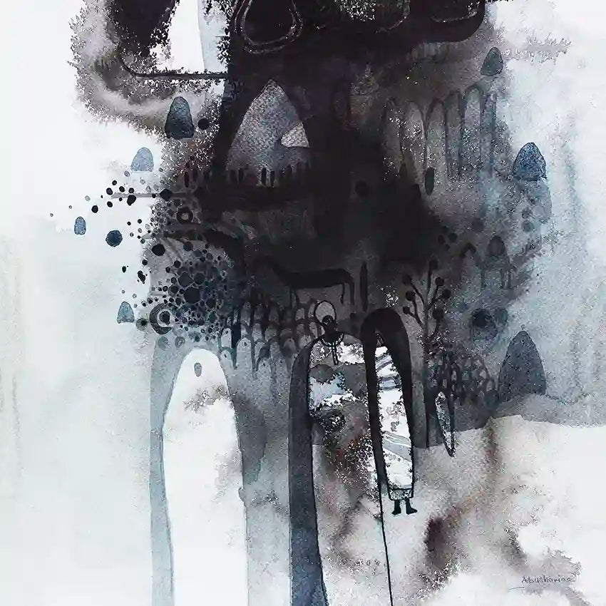 Ink wash art print "Through the Mist" by Abushariaa Ahmed showing solitary figure in ethereal gray landscape