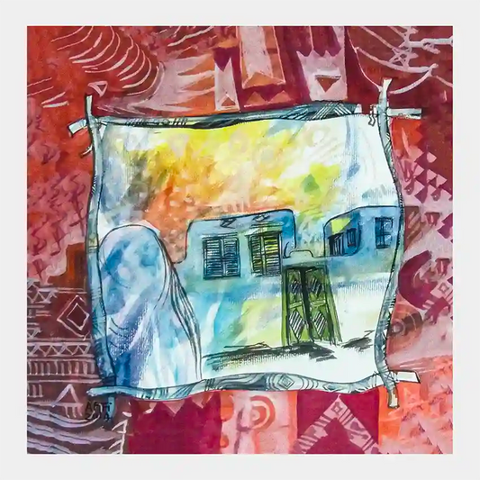 Watercolor art print "Through The Veil" by Abdelmageed Afifi showing Nubian patterns framing traditional houses & female silhouette