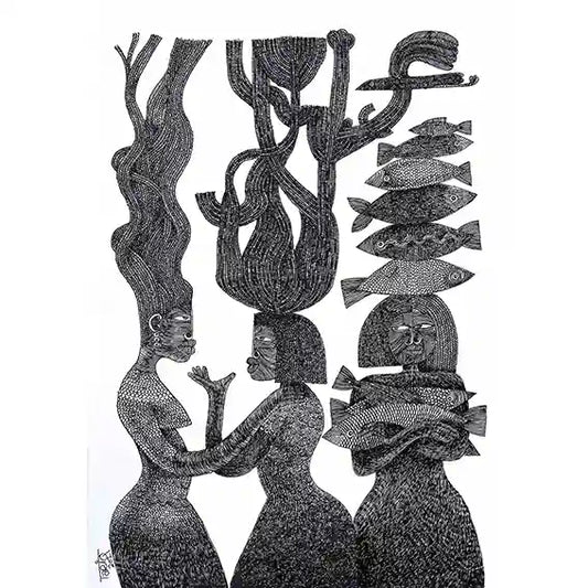 "The Tree Mothers" by Tariq Nasre showing three female figures with organic growth above, one carrying fish
