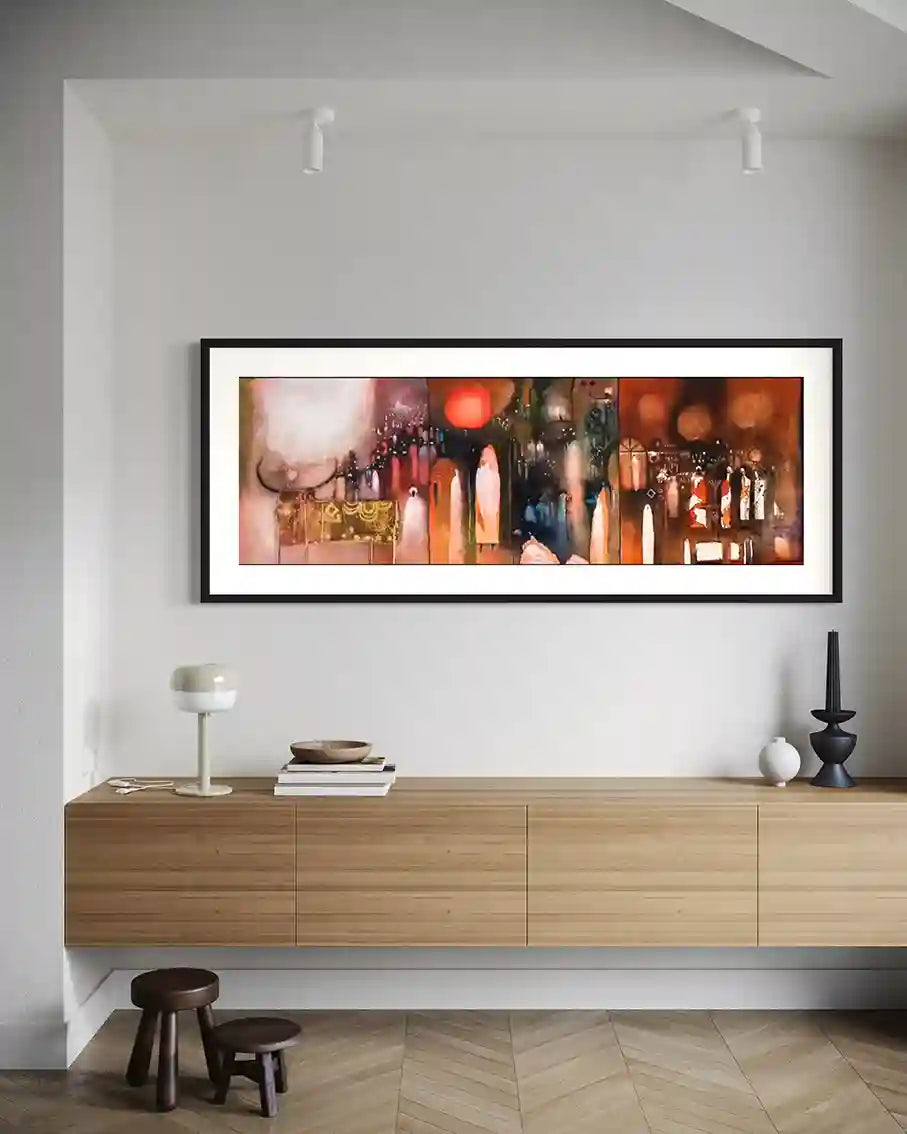 Twilight Hour abstract art print by Abushariaa Ahmed in black frame on white wall above wooden sideboard - modern design