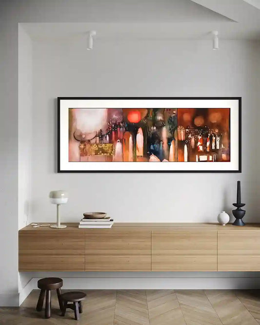 Twilight Hour abstract art print by Abushariaa Ahmed in black frame on white wall above wooden sideboard - modern design