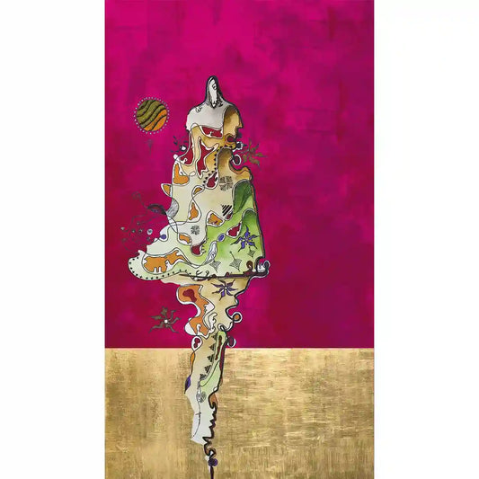 Digital collage 'Untouchable' featuring Sudanese woman in traditional dress against vibrant pink and gold background