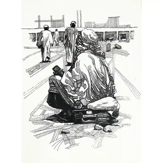 Waiting by Obada Gabir - Black and white ink painting of Sudanese woman sitting on suitcase at train station, fine art print
