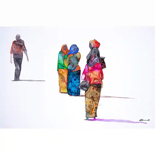 Colorful abstract art of people walking on a white background