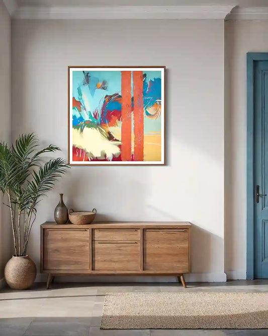 Within the City 1 abstract painting by Abubakar Moaz displayed in modern living room with wooden sideboard and palm