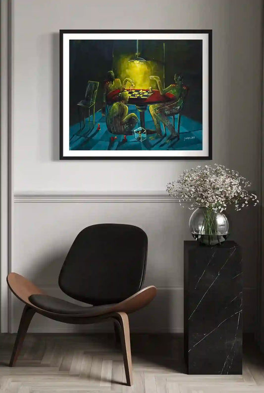 Framed art print "I Don't Know Who Sold The Country" by Yasmeen Abdullah displayed in modern living room interior mockup